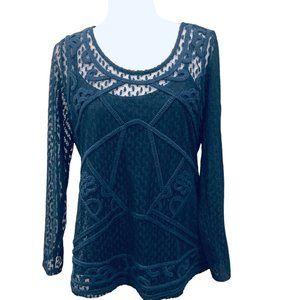 INC INTERNATIONAL CONCEPTS Bobbi + Bricka Navy Lace Front Sheer Long Sleeves NWT